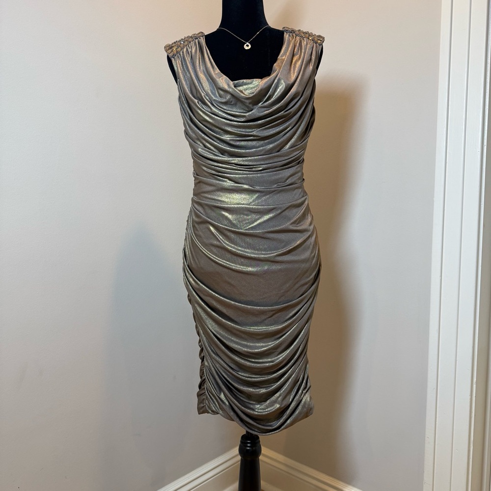 Cache Sexy Stretch Gold Shimmer Drapey Bejeweled Cocktail Vintage Dress 6